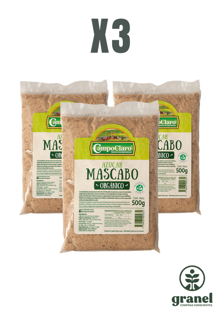 [12358] Pack X3 Azúcar mascabo orgánico Campo Claro 900g