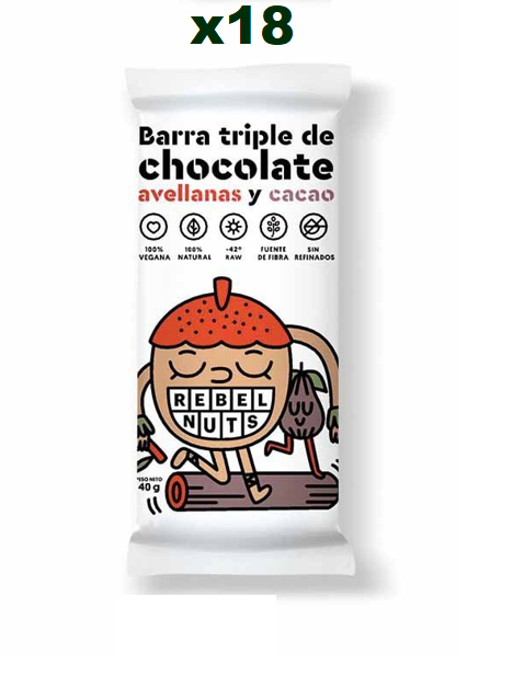 [10752] [Por encargue, plazo hasta 7 días] Barra triple de chocolate avellanas y cacao Rebel Nuts 40g. Caja de 18 U