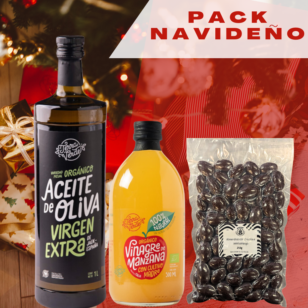 Pack 1 Aceite de oliva orgánico 1L + Vinagre de manzana Terra Verde + Almendras con chocolate 250g