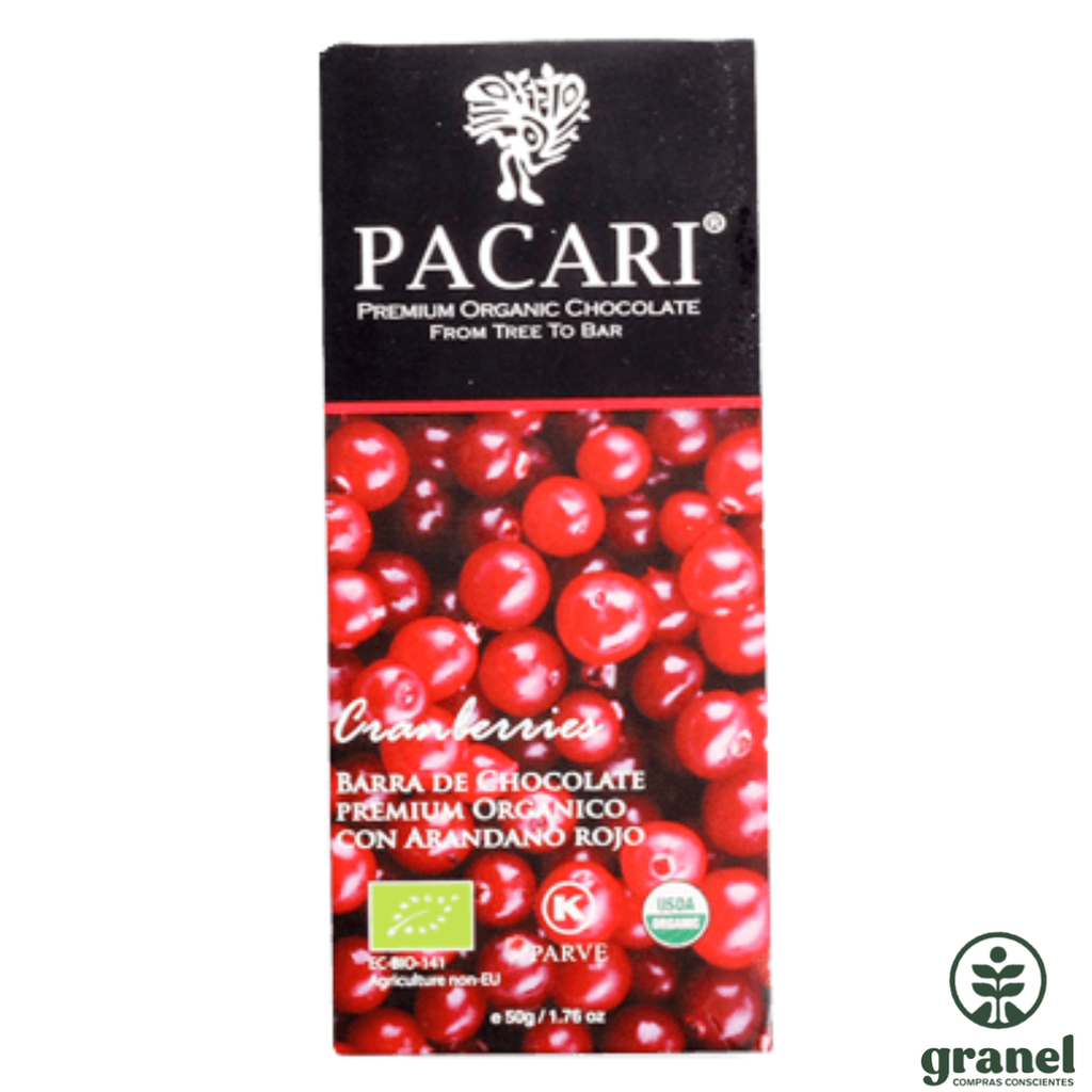 [12454] Barra chocolate con arandános 60% Cacao orgánico Paccari 50g