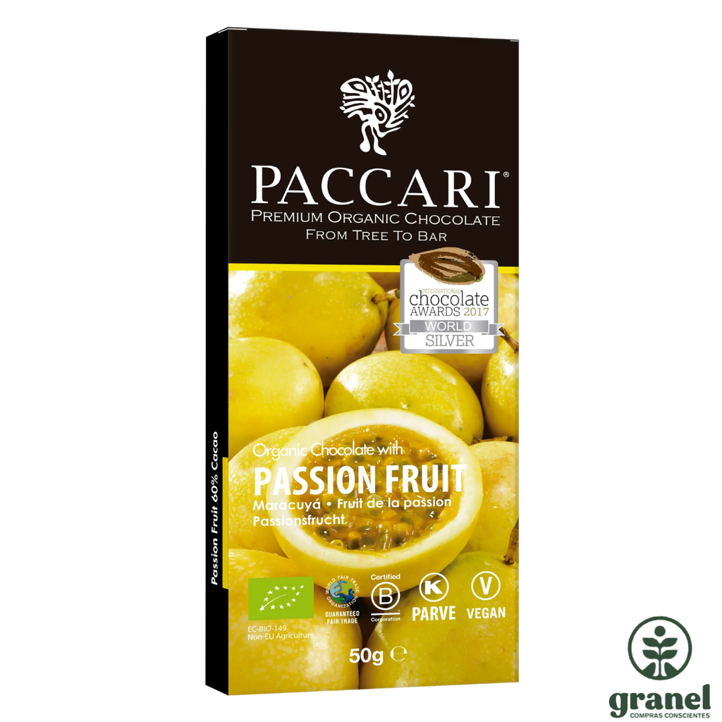 Barra chocolate con maracuyá 60% Cacao Paccari 50g
