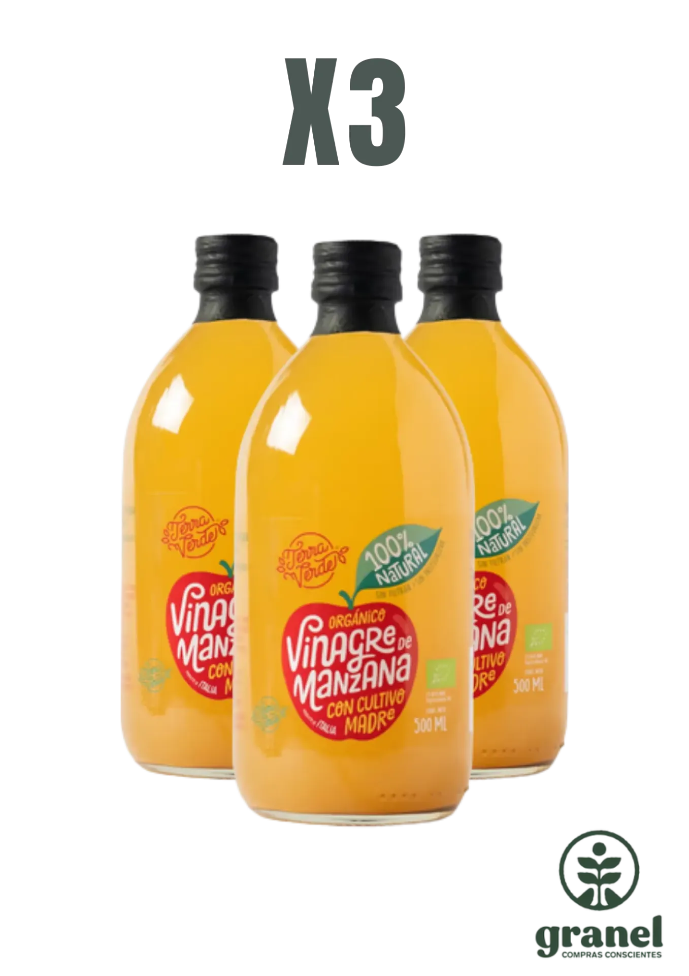 Pack X3 Vinagre de manzana orgánico Terra Verde 500ml