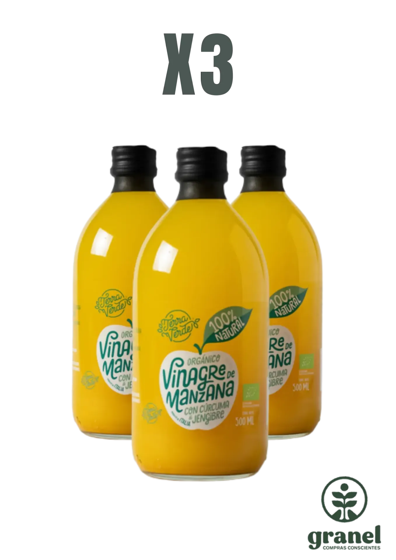 Pack X3 Vinagre de manzana orgánico con cúrcuma y jengibre Terra Verde 500ml