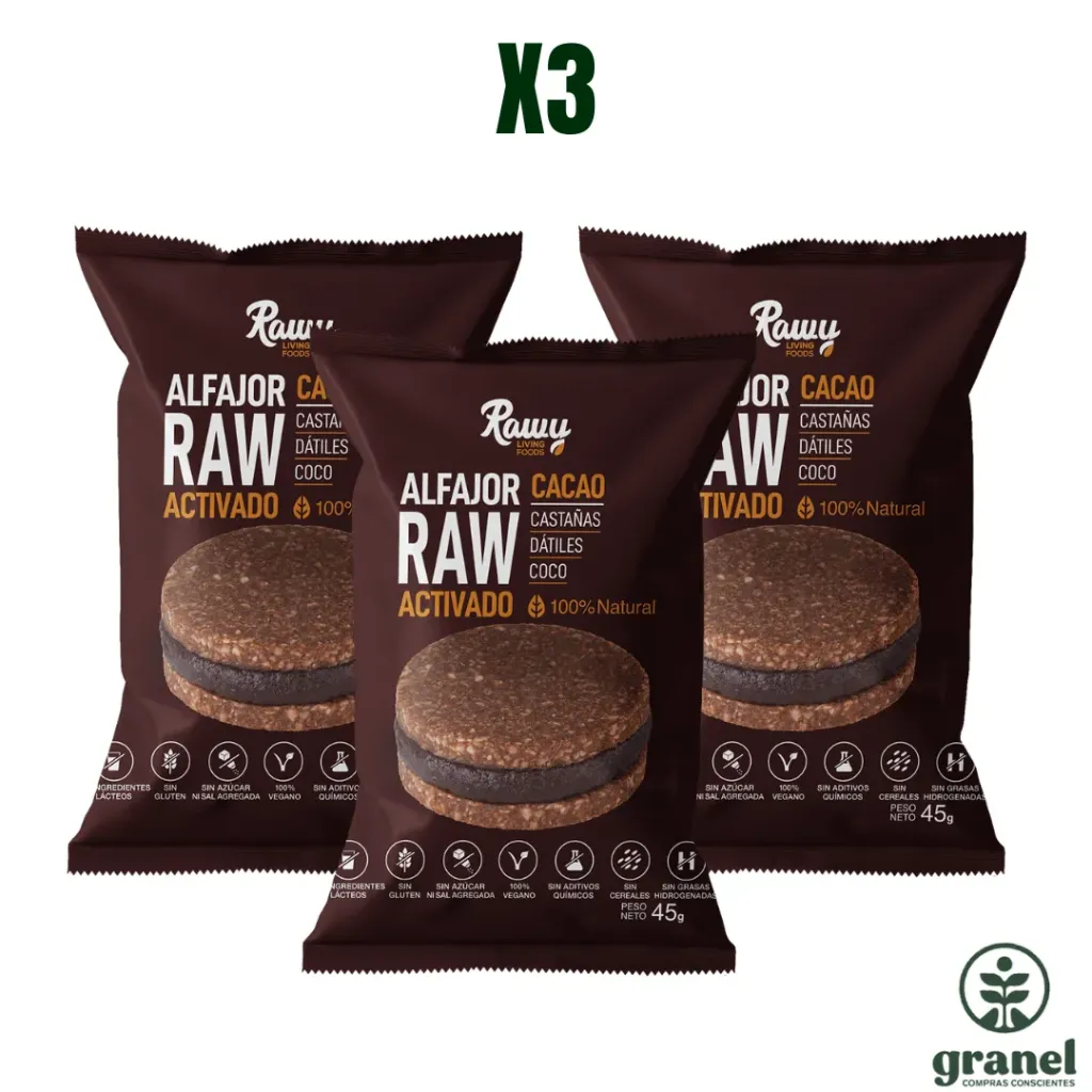 Pack X3 Alfajor Raw Activado de Cacao 45g Rawy