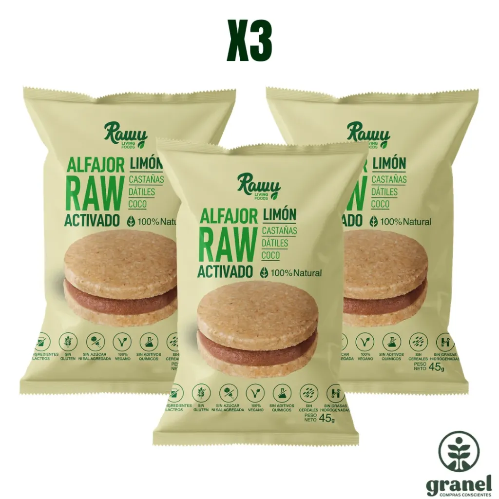 Pack X3 Alfajor Raw Activado de Limón 45g Rawy
