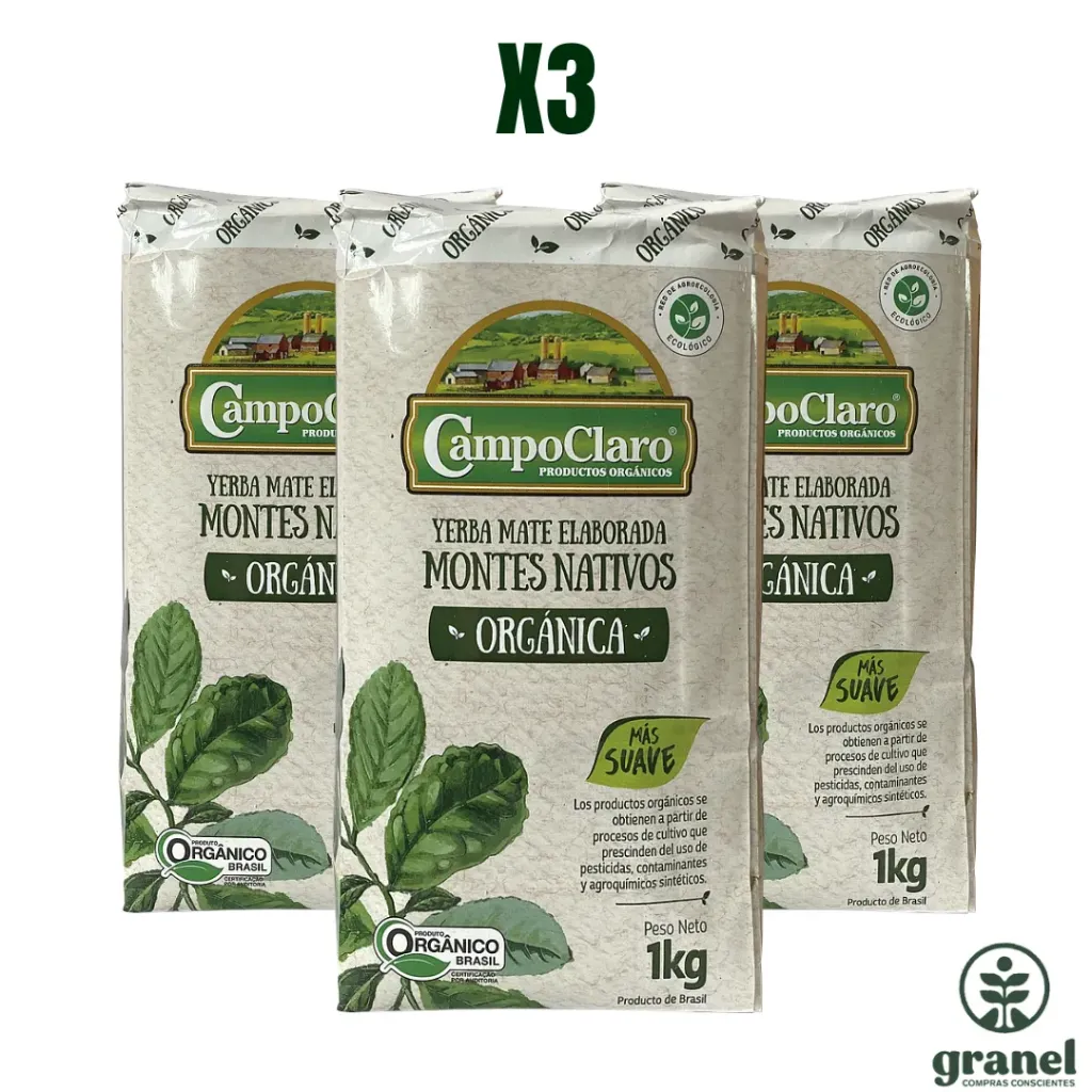 Pack X3 Yerba mate orgánica montes nativos Campo Claro 1kg