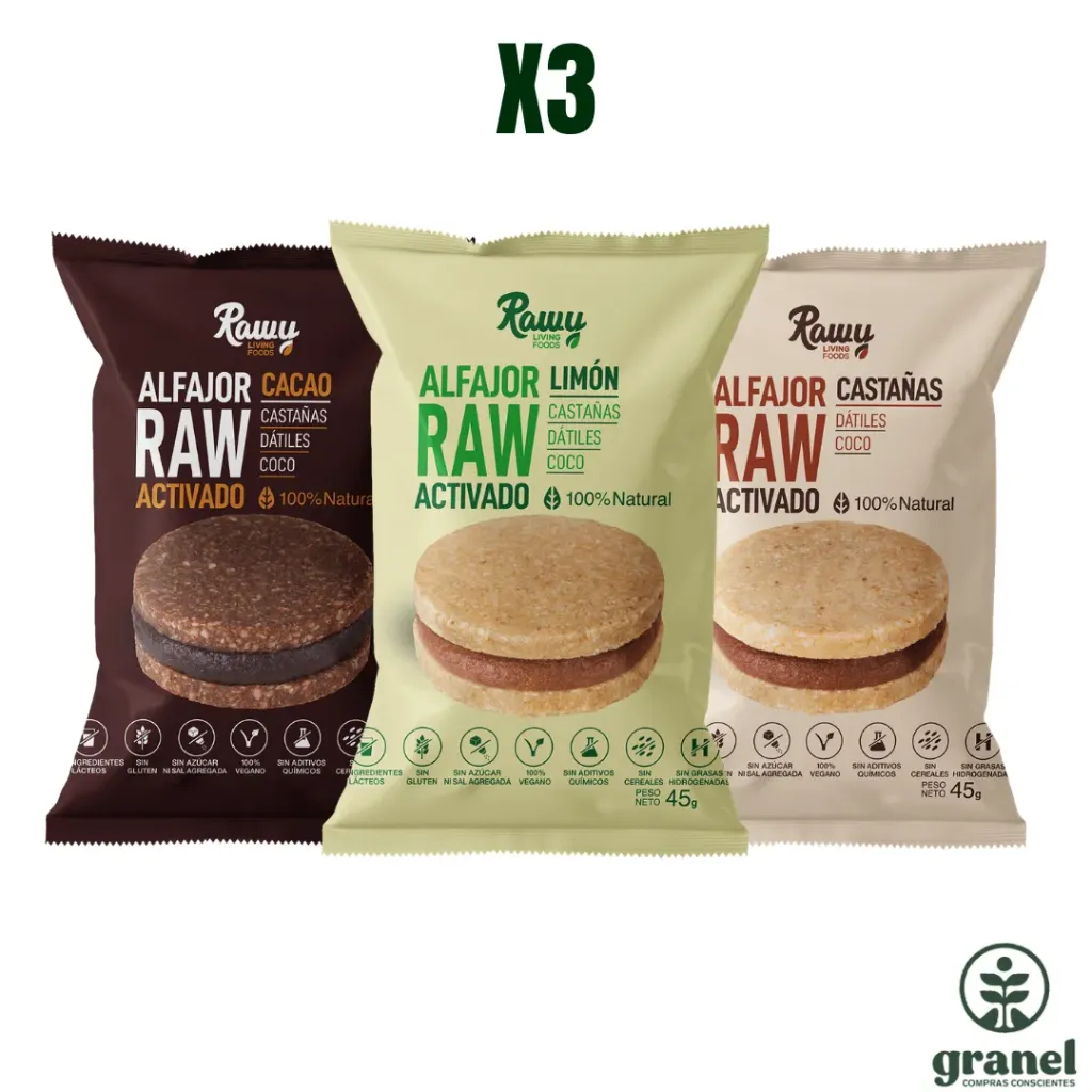 Pack X3 Degustación Alfajores Raw Activado de limón, cacao y castañas 45g Rawy